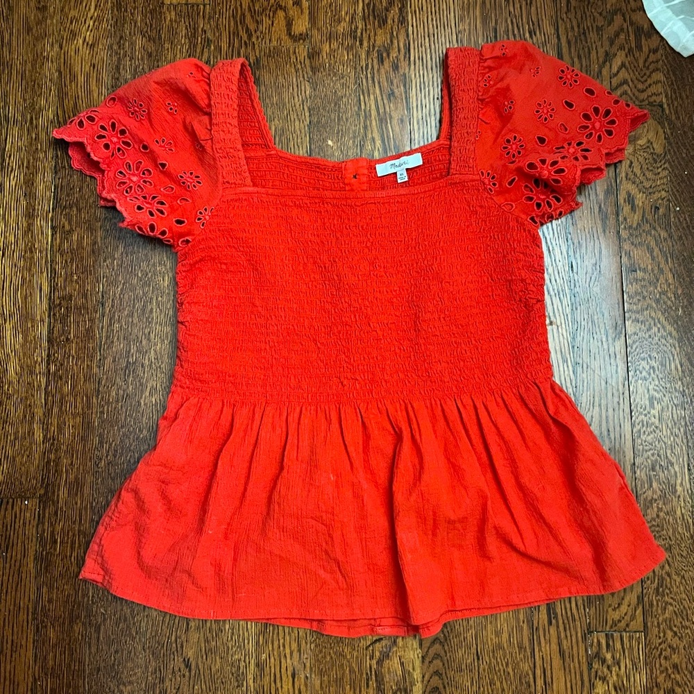 Madewell orange smocked square neck top size XS